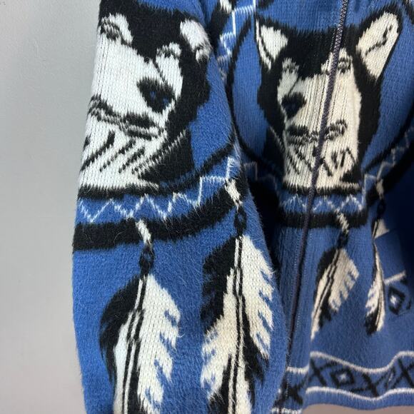 Yari Artesanias Sweater Jacket Large Wolf Nature wool Ecuador Blue‎ Hoodie VTG - Picture 5 of 14